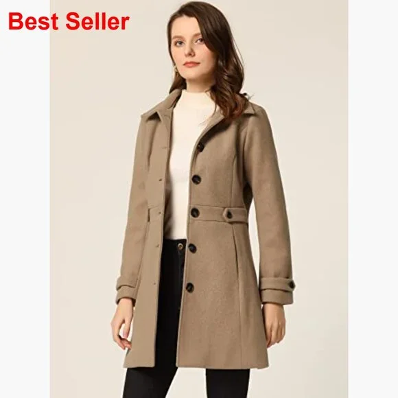 Polyester Pea Coat with Pockets Single Breasted Overcoat Winter